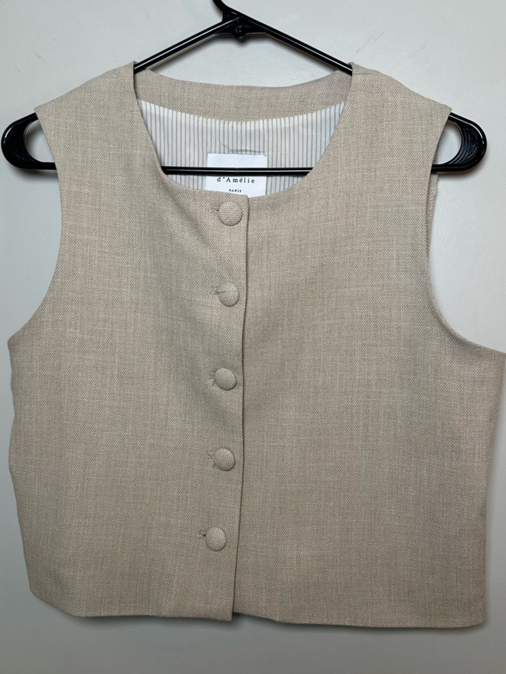 Maison d’Amelie Paris Tan Round Neck Button Up Crop Vest, Size 6